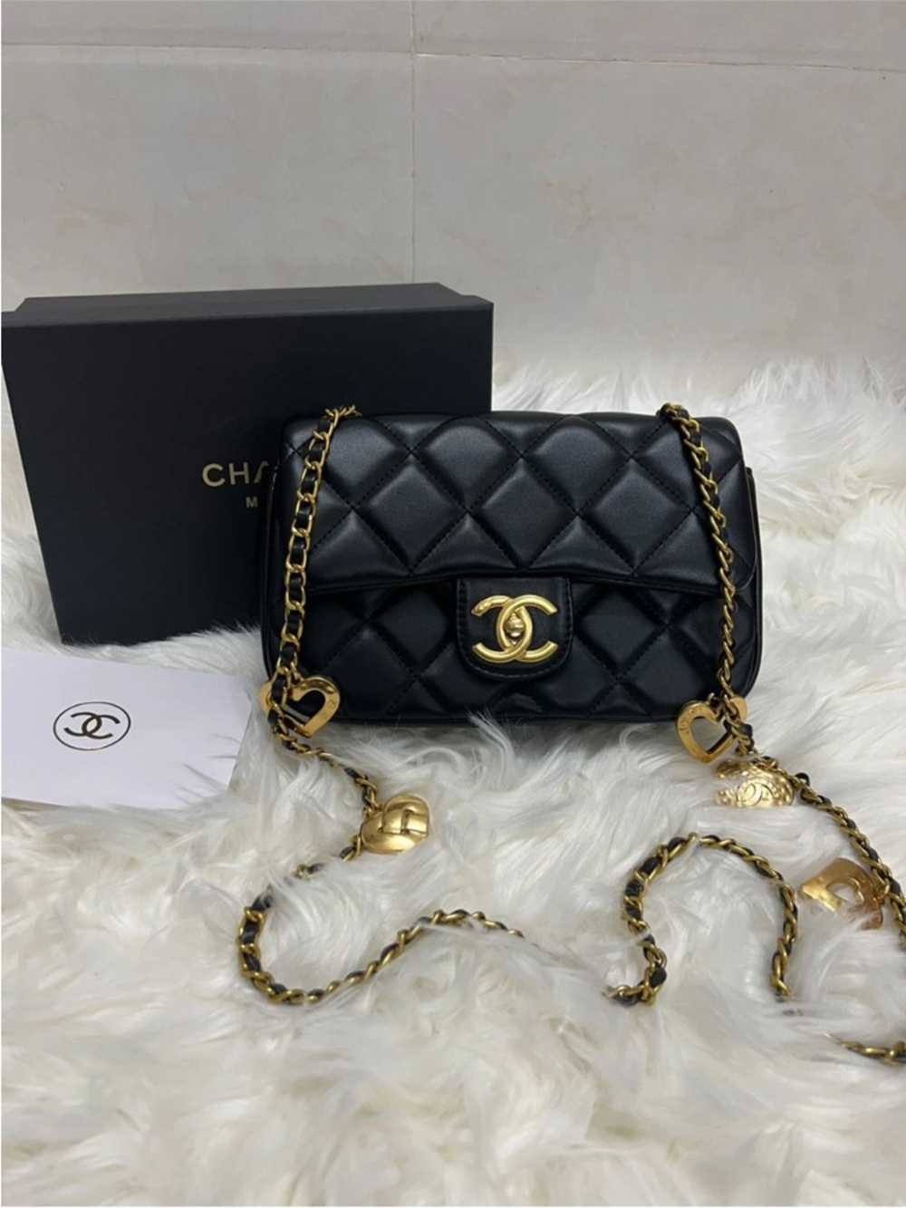 CHANEL VIP Black Quilted Lambskin Shoulder Bag with Gold Chain & Hearts